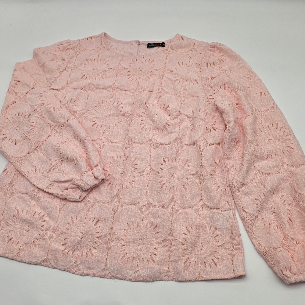 Classic Lace pull on Womens Medium Pink Floral Long Sleeve Keyhole Back Workwear